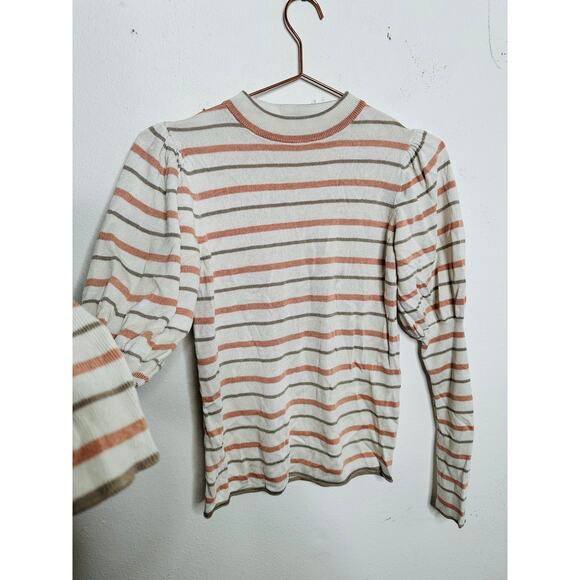 SEE BY CHLOÉ Cream Pink Striped Puff Sleeves Crewneck Sweater Size Medium - Picture 4 of 14